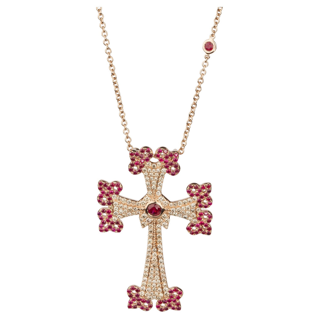 14K rose gold Sacred Talisman Cross Infinite with pavé brown diamonds and rubies