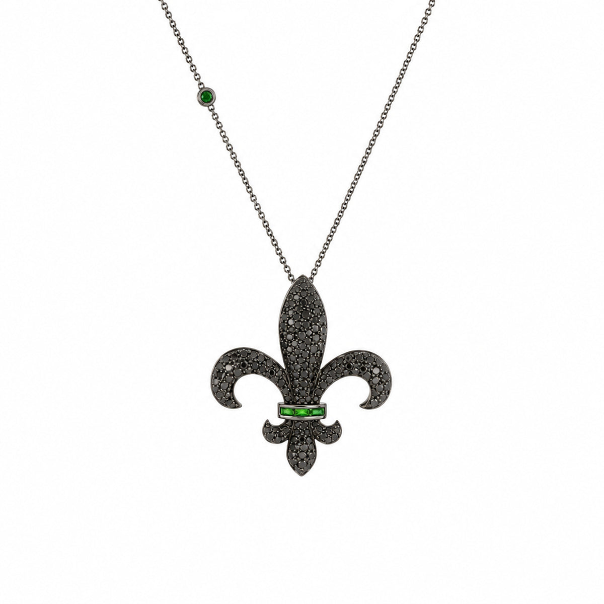 Chouchane fleur-de-lis pendant in 14K black gold with natural Tsavorite and black diamonds