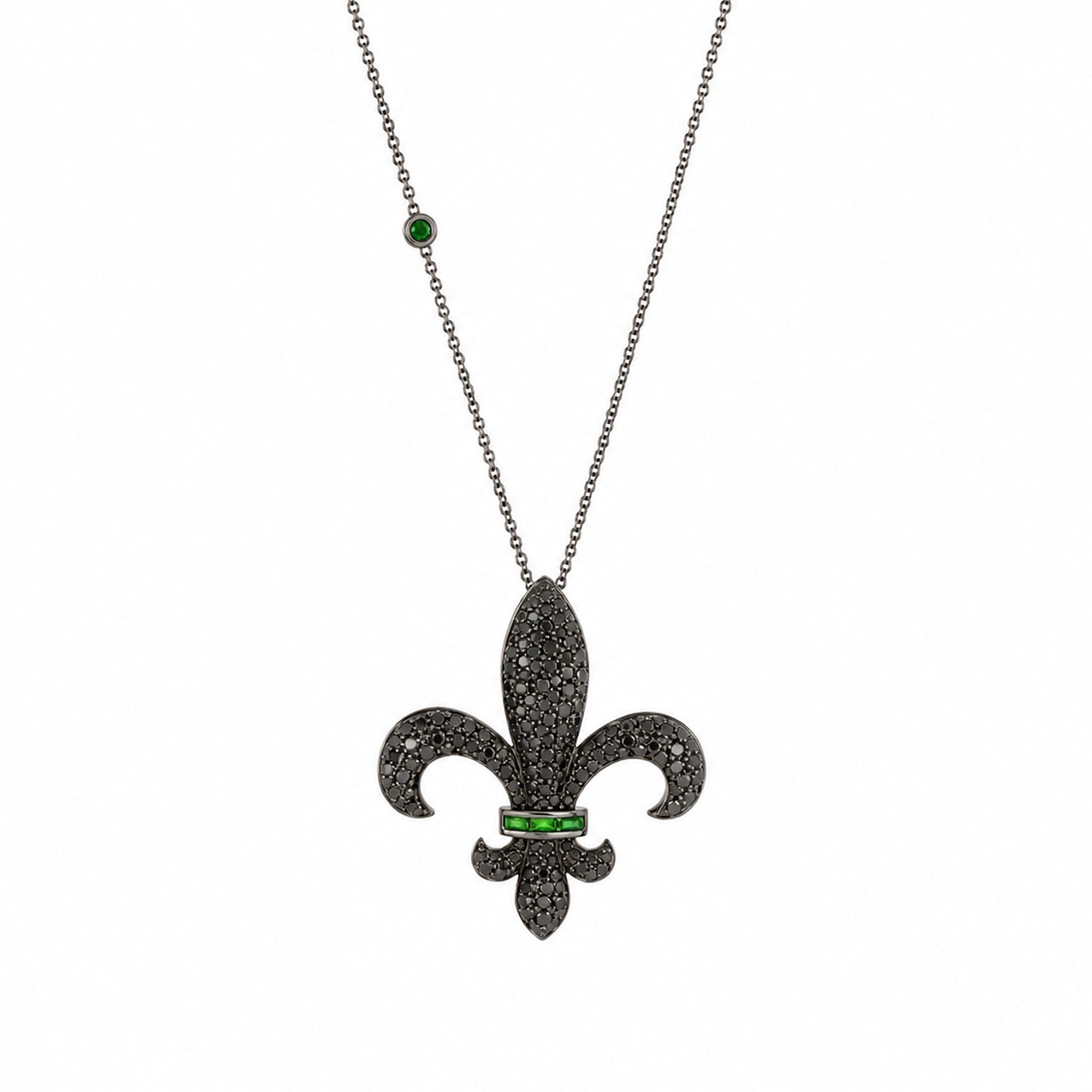 Chouchane fleur-de-lis pendant in 14K black gold with natural Tsavorite and black diamonds