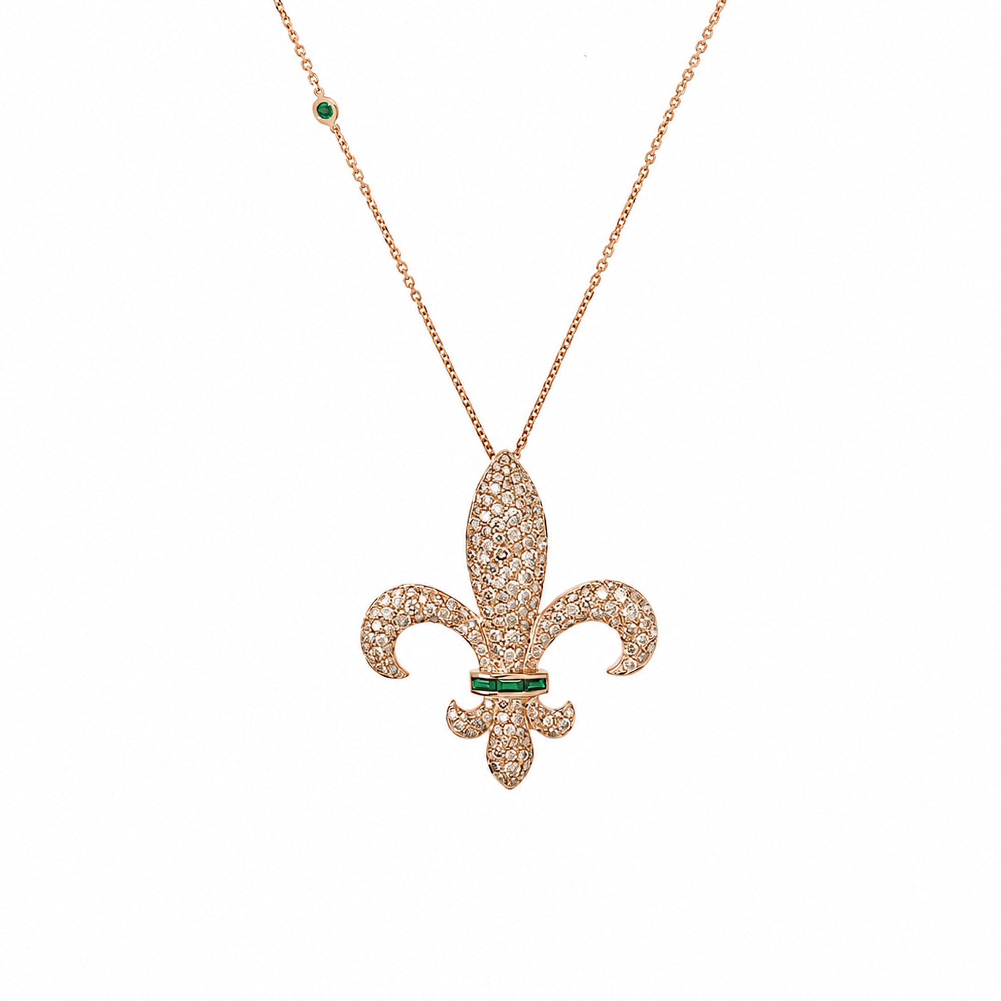 Chouchane fleur-de-lis pendant in 14K rose gold with natural Tsavorite and white diamonds
