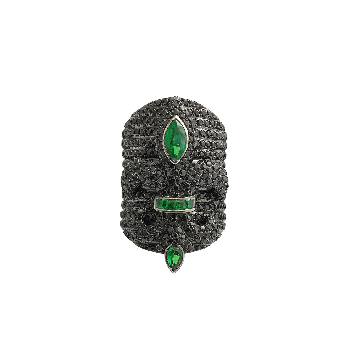 Chouchane 14K black gold fleur-de-lis ring with Tsavorite and white diamonds