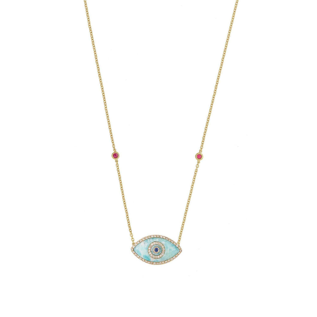 ENDZA Evil Eye Necklace in Amazonite and Yellow Gold Elegant Protection Talisman Tradition and Timeless Design