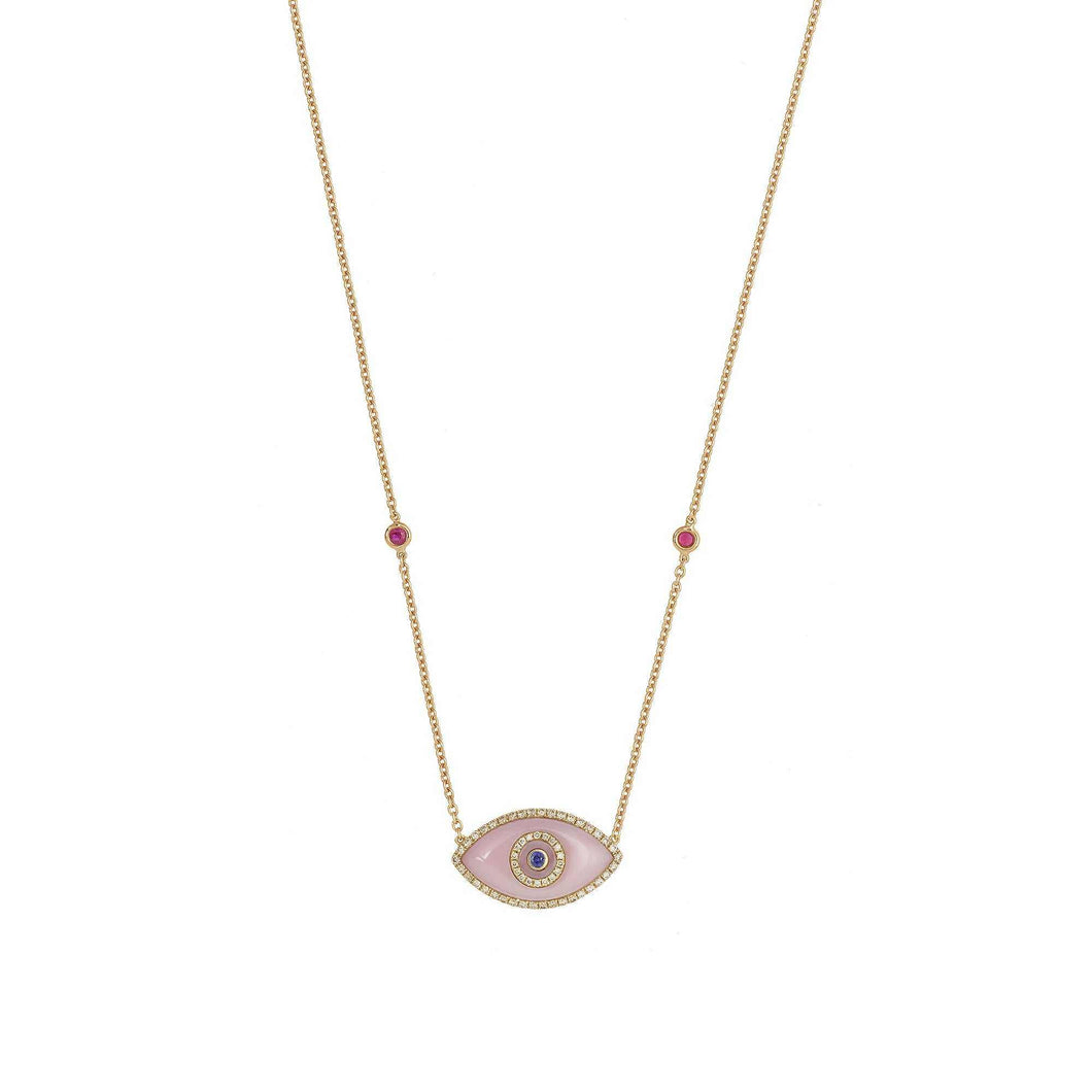 ENDZA Evil Eye Necklace in Pink Opal and Yellow Gold Elegant Protection Talisman Tradition and Timeless Design